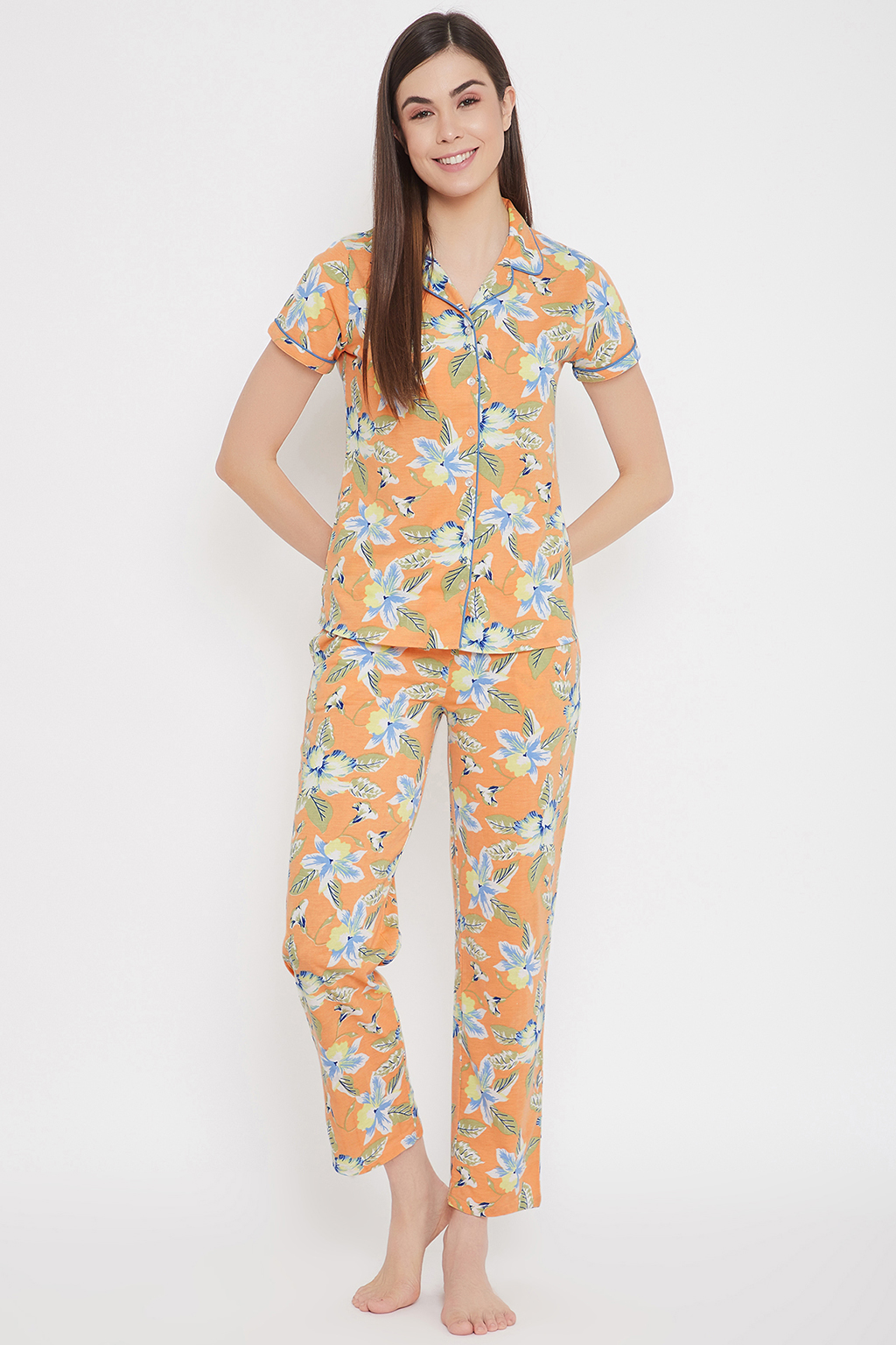 Clovia Button Down Floral Print Shirt & Pyjama In Orange - Cotton Rich